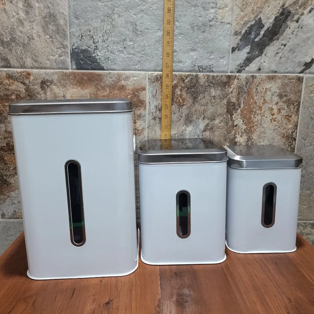 Nesting Square White & Silver Tin Cans Set of 3